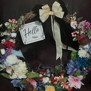 Floral Gnome Wreath with Black and Cream Bow